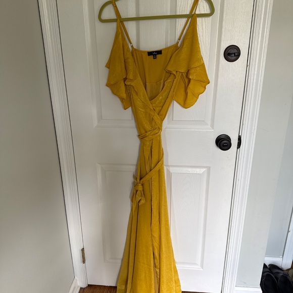 Lulus Moriah Mustard Yellow Satin Wrap Maxi Dress - Size M - Picture 2 of 3